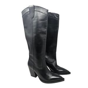 NEW MNG Mango 37 Black Leather Western Pull On Boot Goth Minimalist Pointed Toe